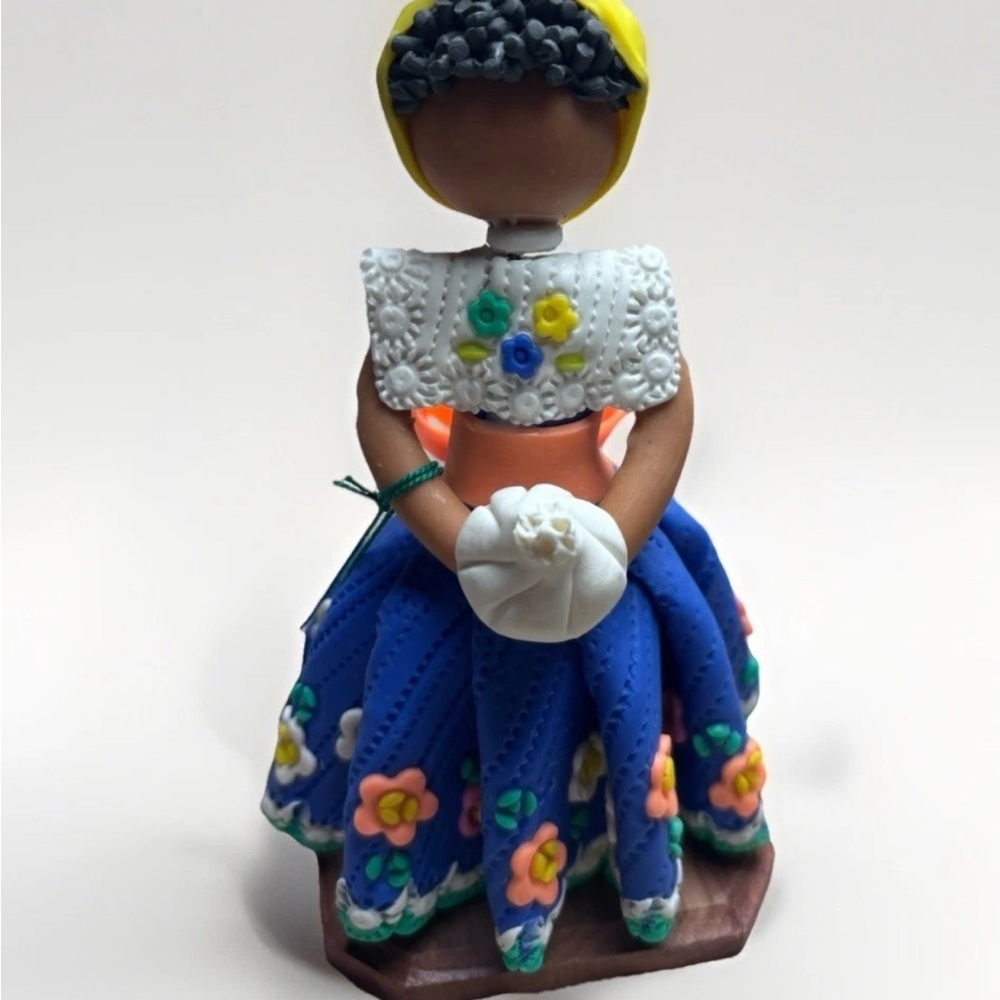 Handcrafted Faceless Doll with Blue Floral Skirt - Picture 2 of 10